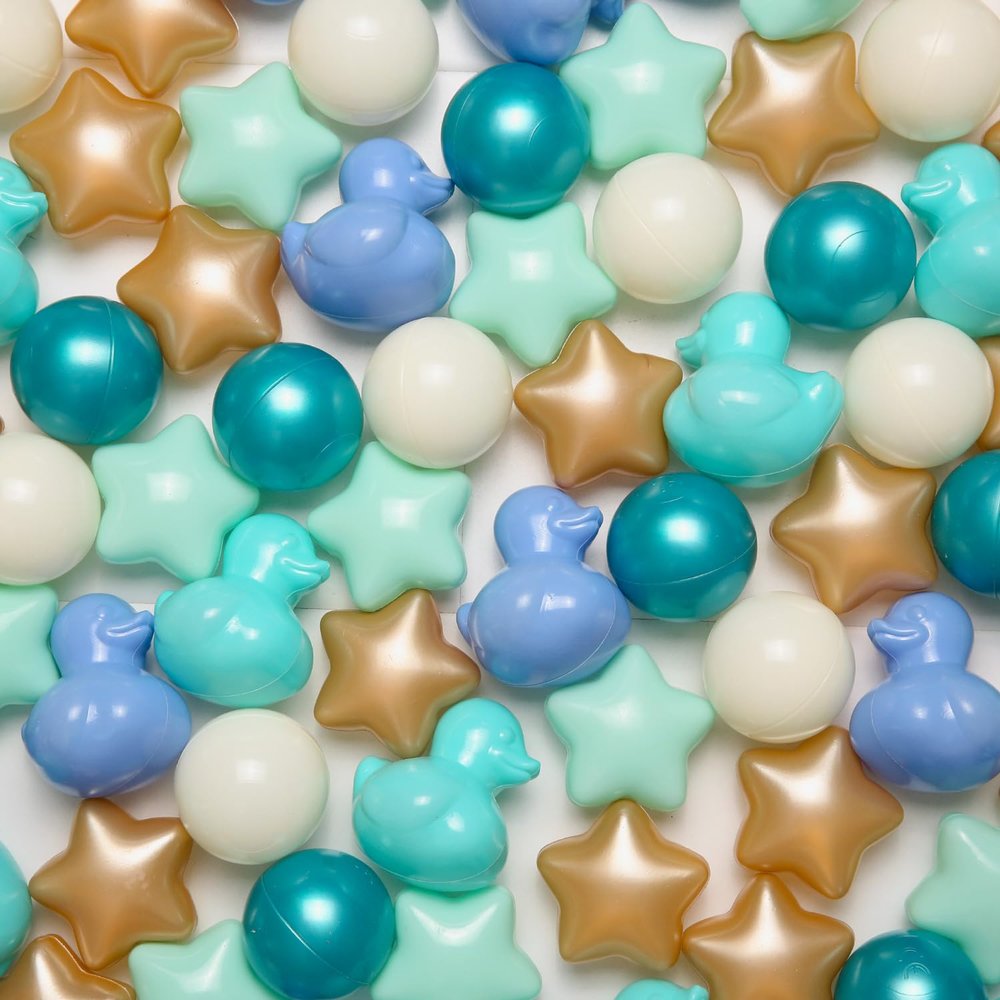 TRENDPLAY Blue Ball Pit Balls Shapes Pastel, Duck Star Shape Non Toxic for Toddlers Kids Baby Girls Boys Dogs Soft Play,Party, 200 pcs