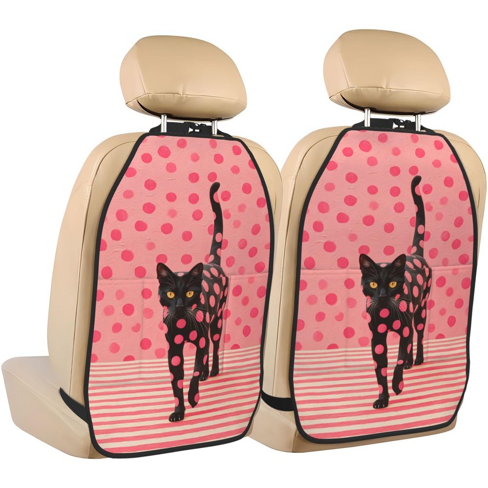 Black Cat with Pink Polka Dots Car Seat Back Kick Protectors,2 Pack Kick Mats with Storage Pockets for Vehicles to Protect from Dirt Mud Scratches