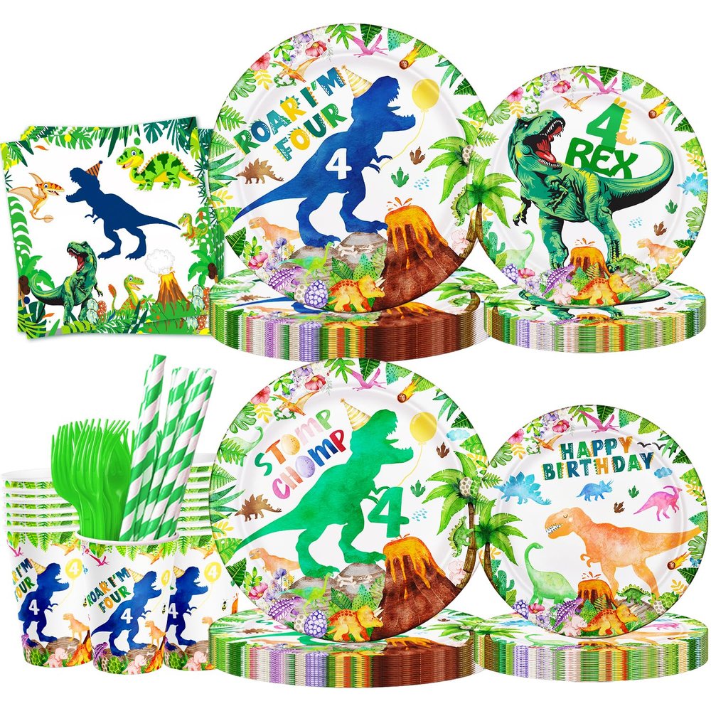 120ps Dinosaur 4th Birthday Decorations Boy Roar Im Four Jungle T-rex Dinosaur 4 Rex Dino Plates Napkins and Cups Forks Dino Bday Party Supplies Decor for 4 years old Boy Serve 24 (green four rex)