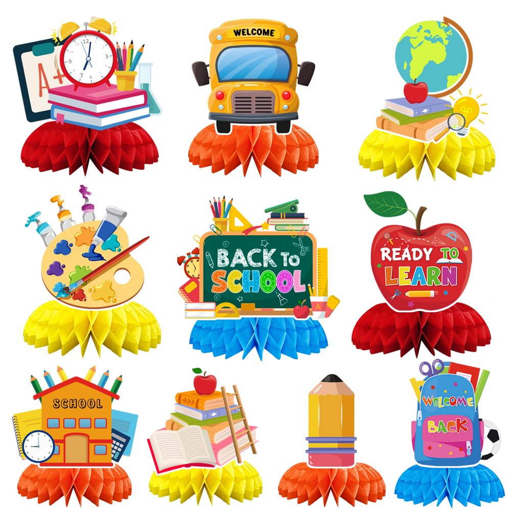 10Pcs Back to School Decorations Honeycomb Centerpieces, Welcome Back to School Table Decorations for First Day of School Decorations School Themed Party