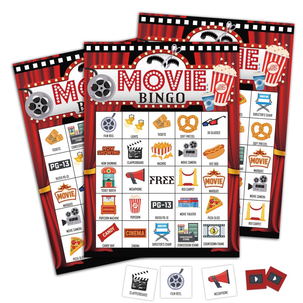 CTLHKY Movie Bingo Games Cards, Movie Night Party Game, Family Night Games Decor, Bingo Sets for Adults Large Group, Cinema Theme Party Activity Supplies -A10