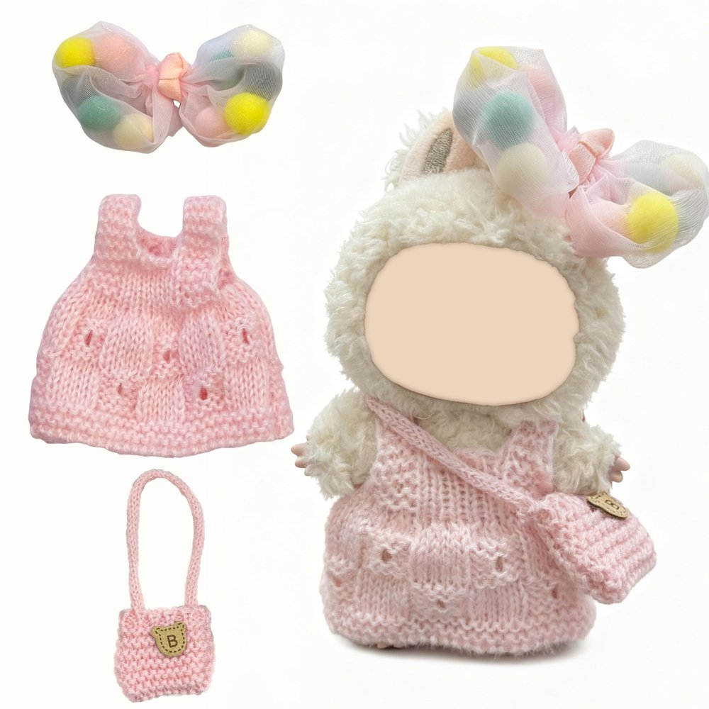 15 17cm Doll Clothes(NO Doll), Cute Dolls Outfit Accessories with Knitted Dress + Hair Clip + Bag, Small Kawaii Clothes Set for Dolls