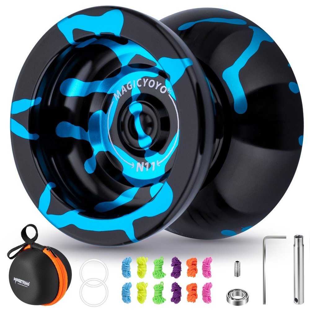 MAGICYOYO N11 Professional Unresponsive Yoyo for Advanced, Dual Mode Metal Trick Yo-Yo with Ressponsive Yoyo Bearing for Kids Beginner, Includes 12 Yo yo Strings, Bearings Kit & Carry Bag (Black Blue)