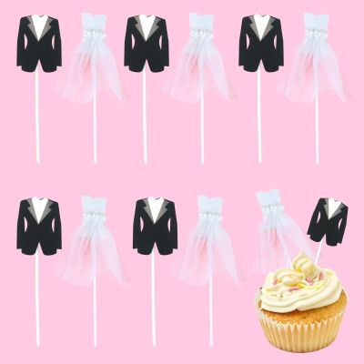 10Pcs White Tulle Dress & Black Tuxedo Cupcake Toppers, Bride Groom Cake Decorations for Bridal Shower, Wedding & Engagement Party Supplies