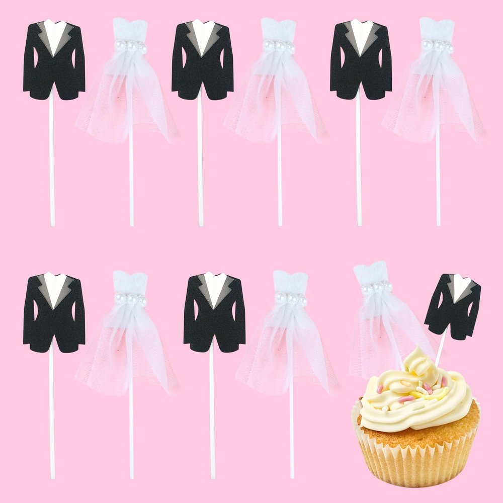 10Pcs White Tulle Dress & Black Tuxedo Cupcake Toppers, Bride Groom Cake Decorations for Bridal Shower, Wedding & Engagement Party Supplies