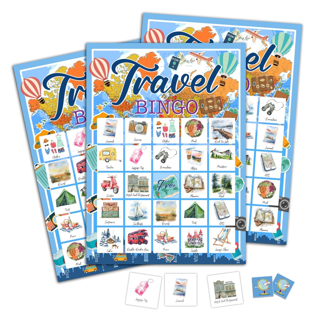 CTLHKY Travel Bingo Games Cards, Vacation Party Bingo Decor, Trip Games for Family Friends Large Group, Retirement Travel Party Activity Supplies -A15
