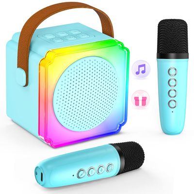 Mini Karaoke Machine for Kids Adults, TOP Toy Gift Bluetooth Karaoke Speaker with 2 Wireless Microphones, LED Party Lights, AUX/USB/TF- Christmas Birthday Gifts for Girls Boys Ages 3-12+, Blue