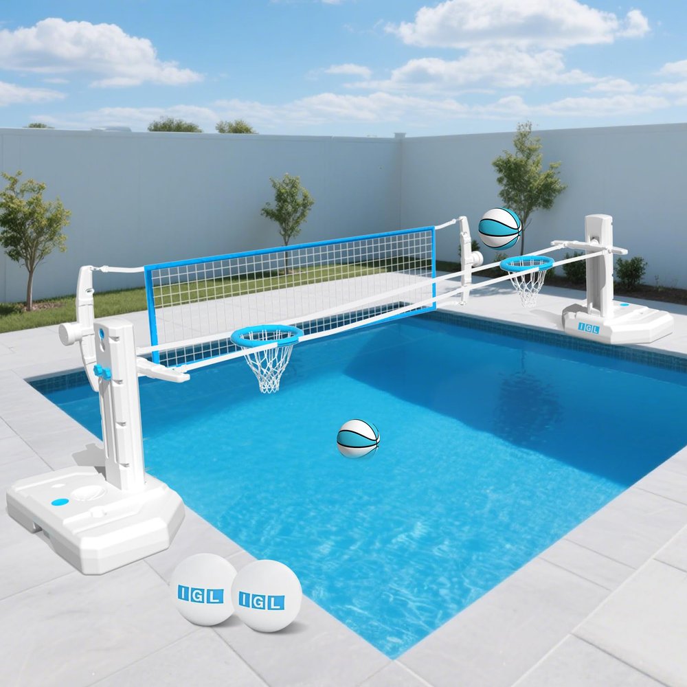 IGL Pool Volleyball Net & Pool Basketball Hoop 2 in 1, Height Adjustable Volleyball Net for Pool, Poolside Basketball Hoop with Fillable Base & Stand, Includes 4 Balls & Pump