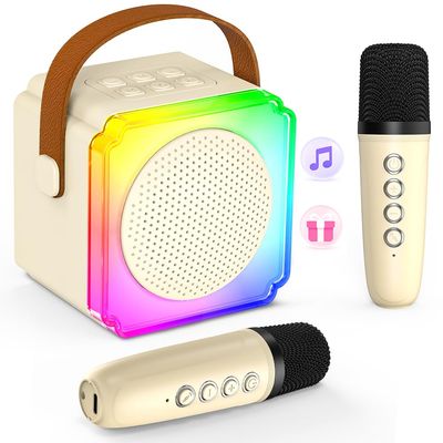 Mini Karaoke Machine for Kids Adults, TOP Toy Gift Bluetooth Karaoke Speaker with 2 Wireless Microphones, LED Party Lights, AUX/USB/TF- Christmas Birthday Gifts for Girls Boys Ages 3-12+, Beige