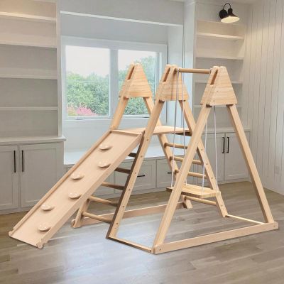 4-in-1 Indoor Play Gym for Kids, Foldable Wooden Playground Gym Playset with Baby Swing, Slide, Climbing Wall, Natural Wood Play & Swing Sets for Toddlers (Natural Wood, 4-in-1)