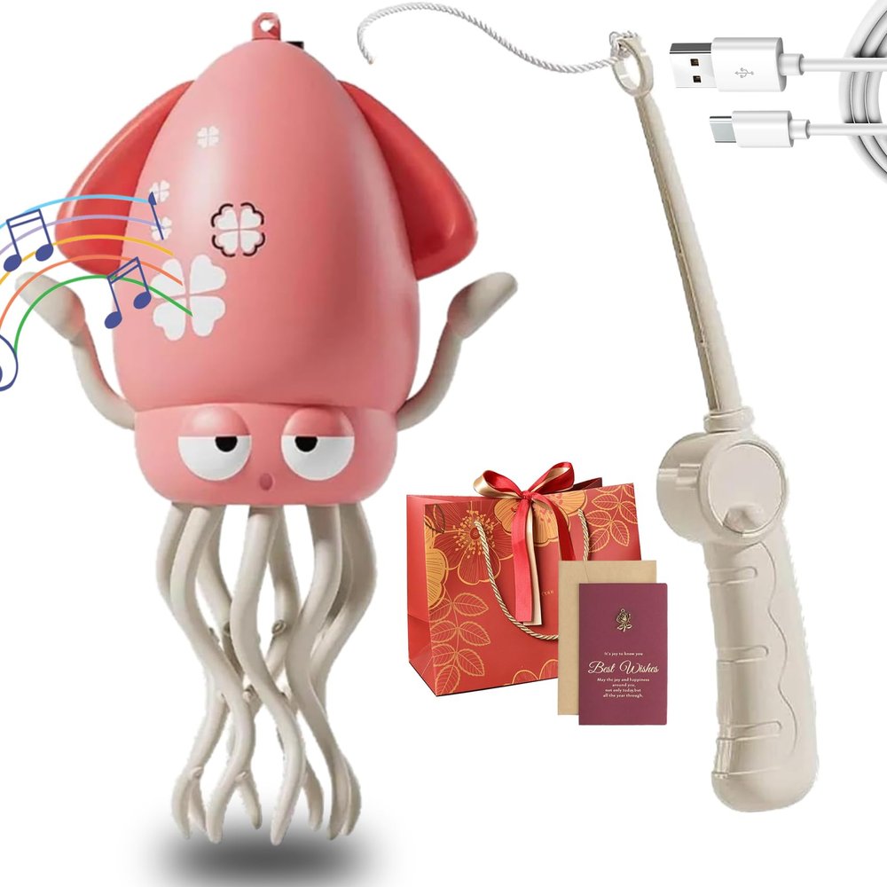 EZGHAR Electric Dancing Octopus Toy, Electric Automatic Obstacle Avoidance Octopus, Interactive Electronic Pet with LED Lights & Music, Avoidance Sensor | USB Rechargeable, with Fishing Rod (Pink-1)
