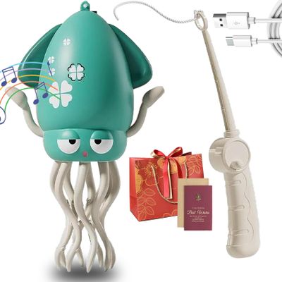 EZGHAR Electric Dancing Octopus Toy, Electric Automatic Obstacle Avoidance Octopus, Interactive Electronic Pet with LED Lights & Music, Avoidance Sensor | USB Rechargeable, with Fishing Rod (Green-1)