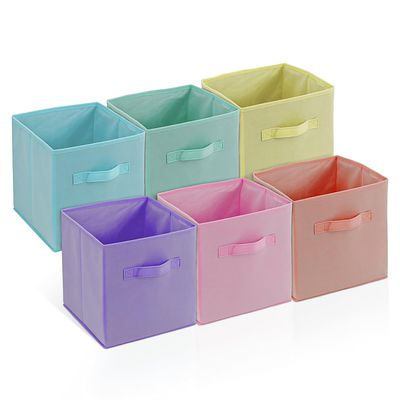 4E's Novelty 6 Pack 11 Inch Pastel Color Storage Foldable Cube Bins, Colorful Storage Baskets For Nursery, Kids Room, Fabric Baskets For Toys, Clothes, Classroom Organization and Storage