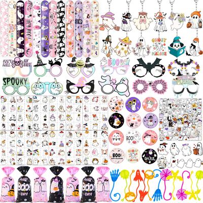266PCS Halloween Ghost Birthday Party Favors Cute Ghost Slap Bracelet Floral Ghost Stickers Pastel Halloween Glasses, Tattoos, Keychain, Sticky Hands Toys, Button Pins for Kids Halloween Party