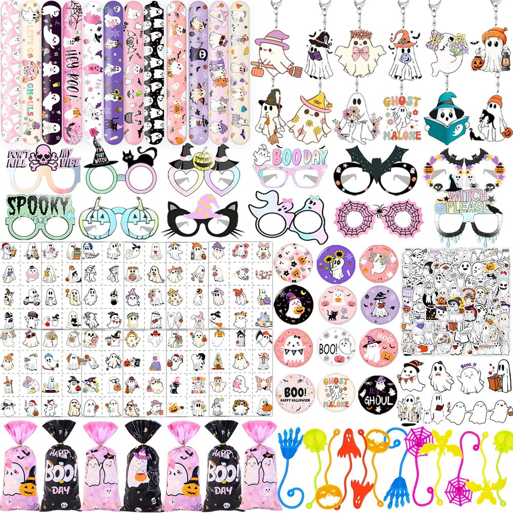 266PCS Halloween Ghost Birthday Party Favors Cute Ghost Slap Bracelet Floral Ghost Stickers Pastel Halloween Glasses, Tattoos, Keychain, Sticky Hands Toys, Button Pins for Kids Halloween Party