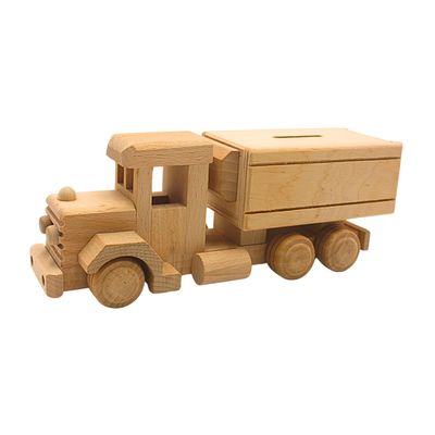Dekohelden24 Sustainable Mobile Wood Money Box, Money Box as Lorry, Nostalgic Lorry Money Box, Children's Money Box, Lorry, Economy Transporter, Nostalgia Truck Made of Beech Wood, L/W/H 25 x 8 x 9 cm
