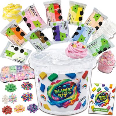Clear Slime and Foam Clay Kit for Kids, 17 Fl Oz Premade Clear Slime with 10 Color Foam Clay, Charms, Sprinkles and 5 Storage Containers, DIY Butter Slime Craft Toy for Girls and Boys