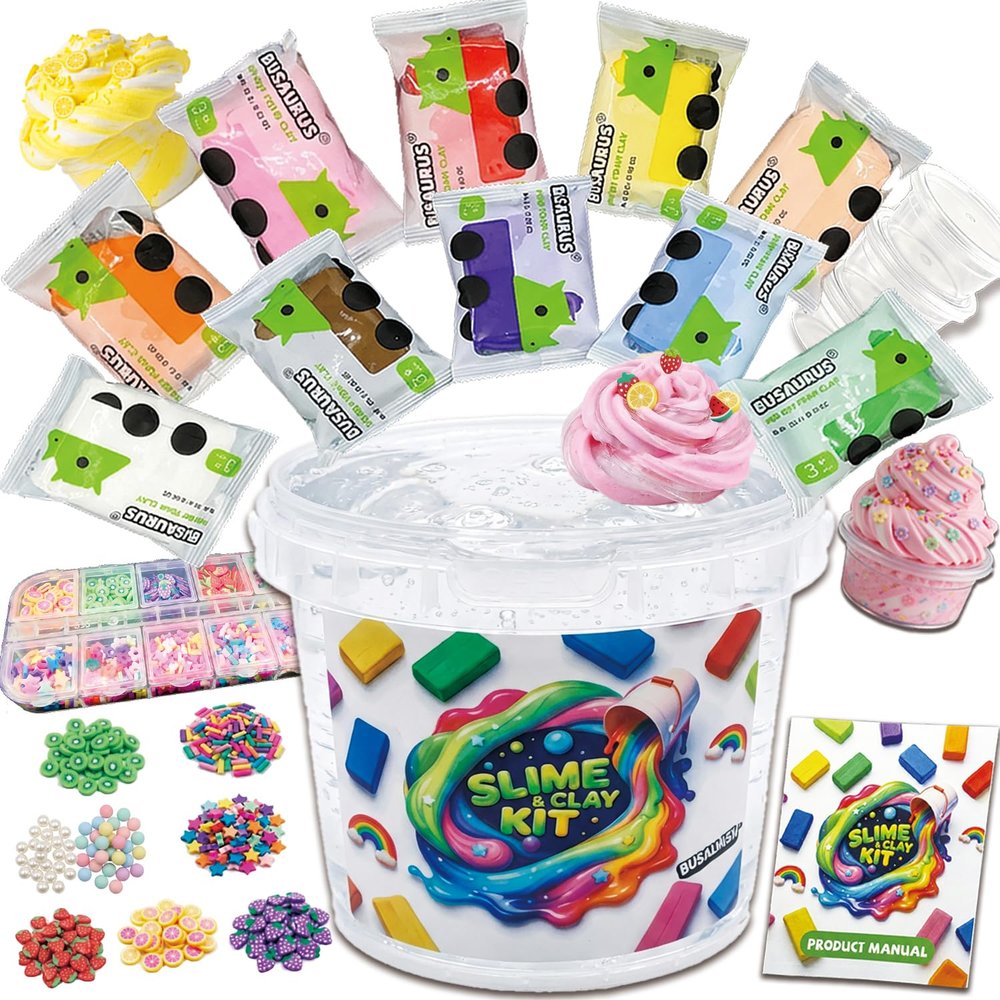 Clear Slime and Foam Clay Kit for Kids, 17 Fl Oz Premade Clear Slime with 10 Color Foam Clay, Charms, Sprinkles and 5 Storage Containers, DIY Butter Slime Craft Toy for Girls and Boys