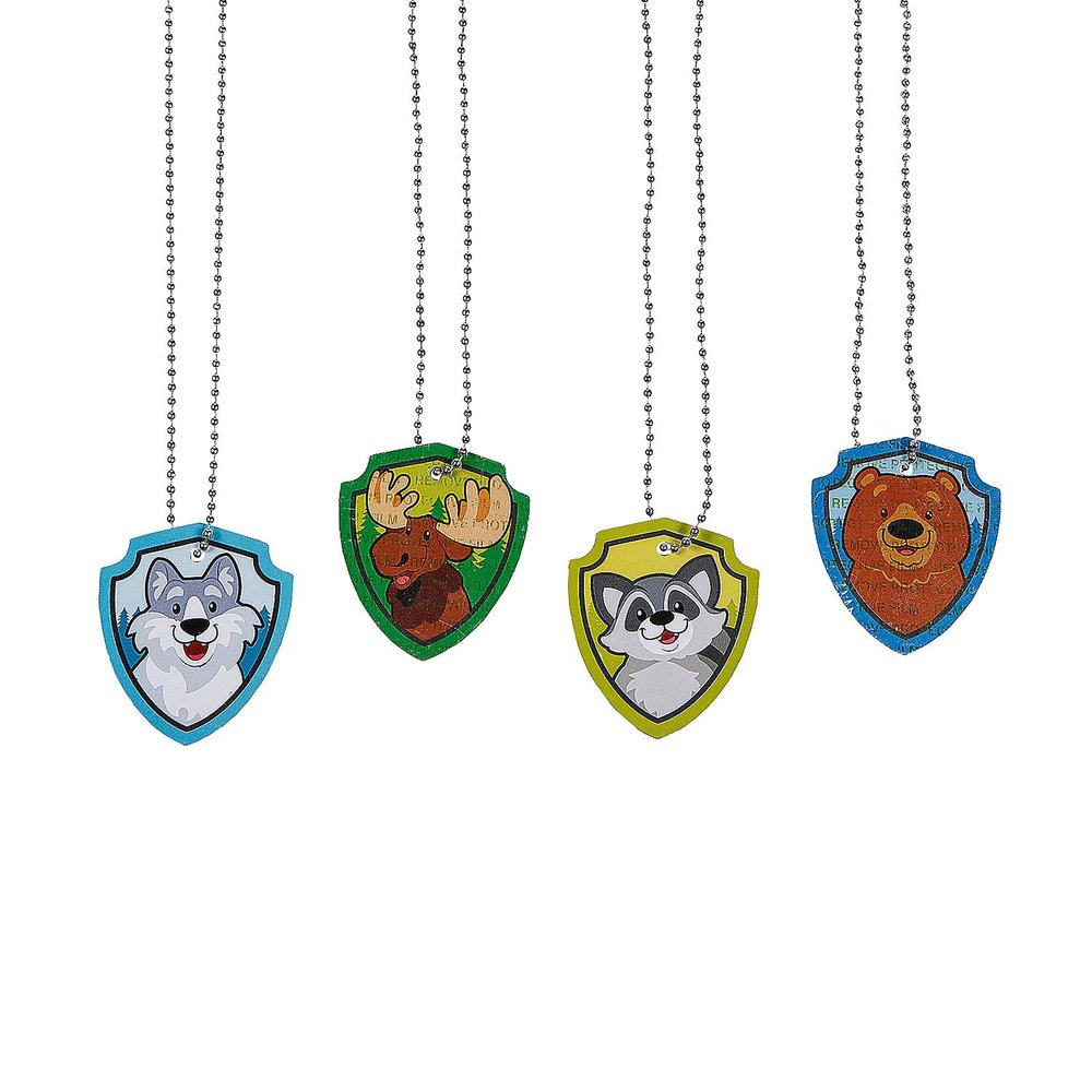 24" Woodland Character Shield-Shaped Metal Dog Tag Necklaces - 12 Pc.