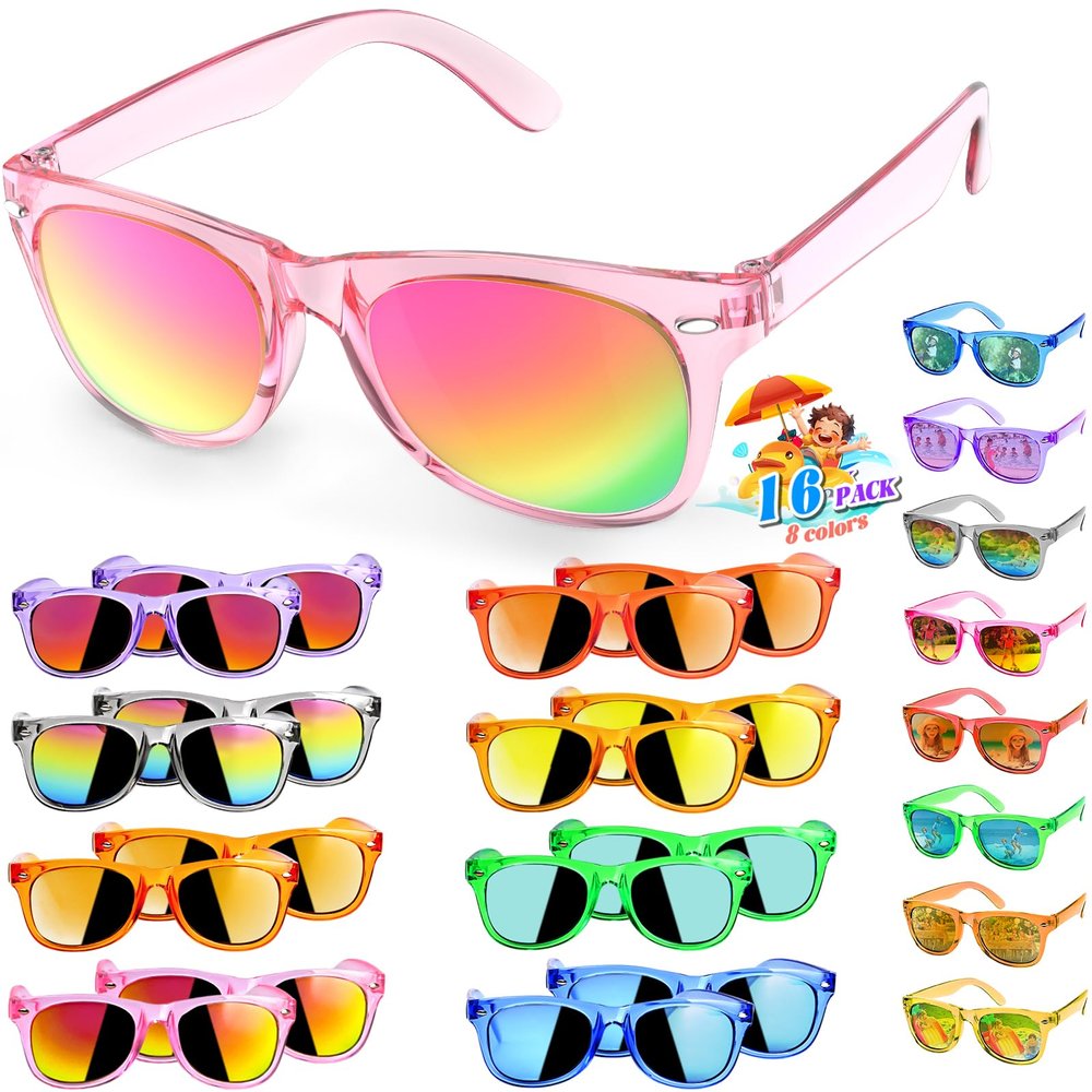 16 Pack Kids Sunglasses Bluk Party Favors - Goodie Bags Stuffers for Children Age 3-8,Boy Girl Neon Glasses with UV400 Protection,Birthday Classroom Graduation Gift,Pool Beach Party Supplies - nylytek