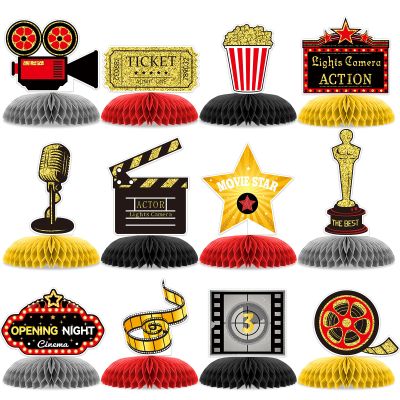12 Pieces Movie Night Party Decorations Movie Birthday Honeycomb Centerpiece, Party Supplies Decor Microphone Ticket Table Decoration for Theater Birthday Women Men The Kids' Boys Girls