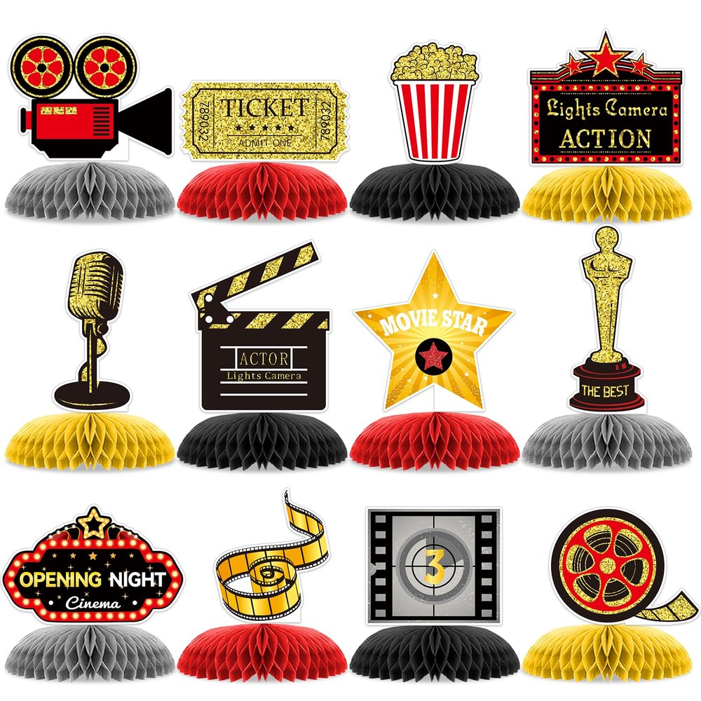 12 Pieces Movie Night Party Decorations Movie Birthday Honeycomb Centerpiece, Party Supplies Decor Microphone Ticket Table Decoration for Theater Birthday Women Men The Kids' Boys Girls