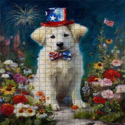 Challenging and Joyful Jigsaw Game Featuring Patriotic Great Pyrenees Puppy with Fireworks and Flowers 1000 Piece Puzzle for Adults and Dog Lovers, Families Wall Decor and Family Fun Gift