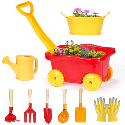 GNAYUIJ Kids Gardening Tools Set 9 pcs Wheelbarrow Set for Toddler with DIY Flowerpot,Watering Can,Shovel,Rake,Beach,Garden,Outdoor Backyard Farm Digging Play Set Toys,3-8 Year Old Boy Girl Gift