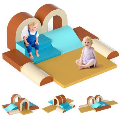 Olakids Toddler Climbing Toys Indoor, 10 Pieces Baby Foam Blocks Soft Play Set with PU Leather, Kids Climb Crawling Activity Gym Playground for 1+ Years (Brown)