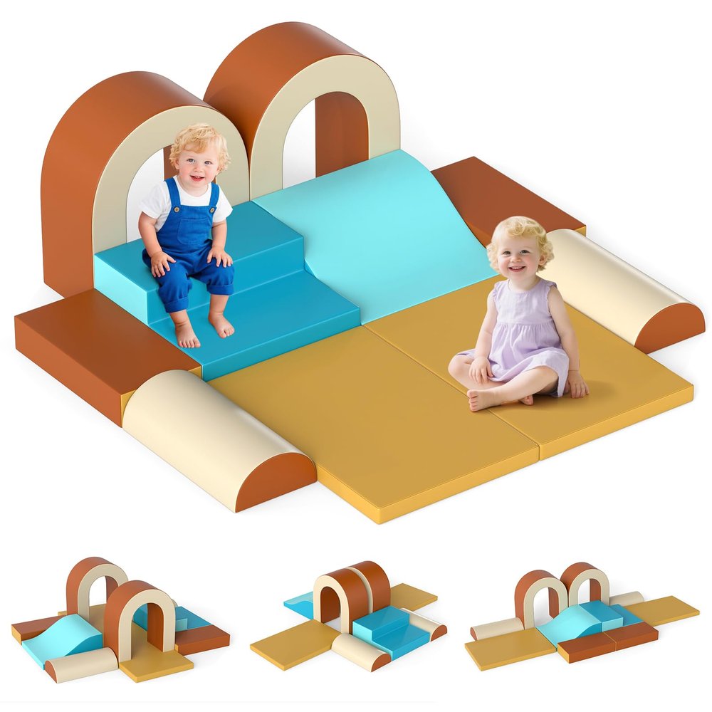 Olakids Toddler Climbing Toys Indoor, 10 Pieces Baby Foam Blocks Soft Play Set with PU Leather, Kids Climb Crawling Activity Gym Playground for 1+ Years (Brown)