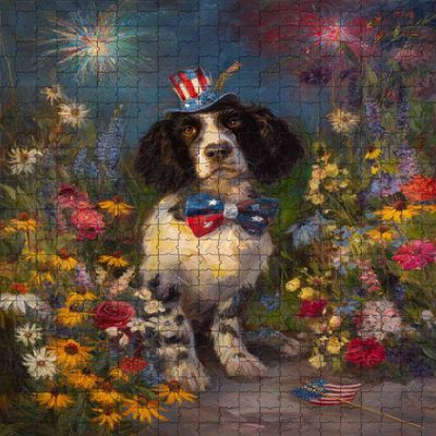 500 Piece Puzzle for Adults Patriotic English Springer Spaniel with Fireworks and Flowers A Challenging and Joyful Jigsaw Game for Dog Lovers Fun Wall Art and Family Night Gift Idea