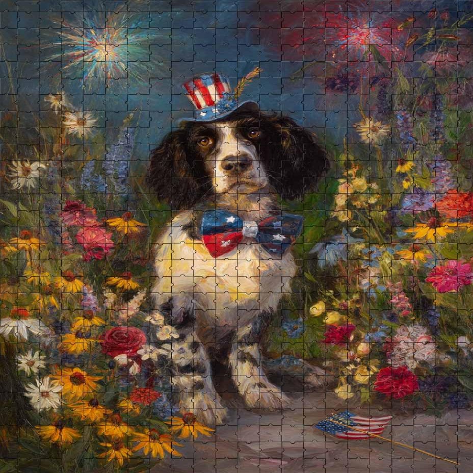 500 Piece Puzzle for Adults Patriotic English Springer Spaniel with Fireworks and Flowers A Challenging and Joyful Jigsaw Game for Dog Lovers Fun Wall Art and Family Night Gift Idea