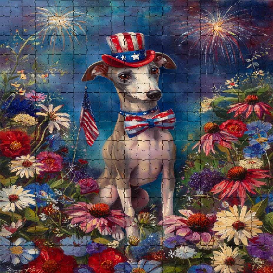1000 Piece Puzzle for Adults Patriotic Italian Greyhound with Fireworks and Wildflowers A Challenging and Joyful Jigsaw Game for Dog Lovers Fun Wall Art and Family Night Gift Idea