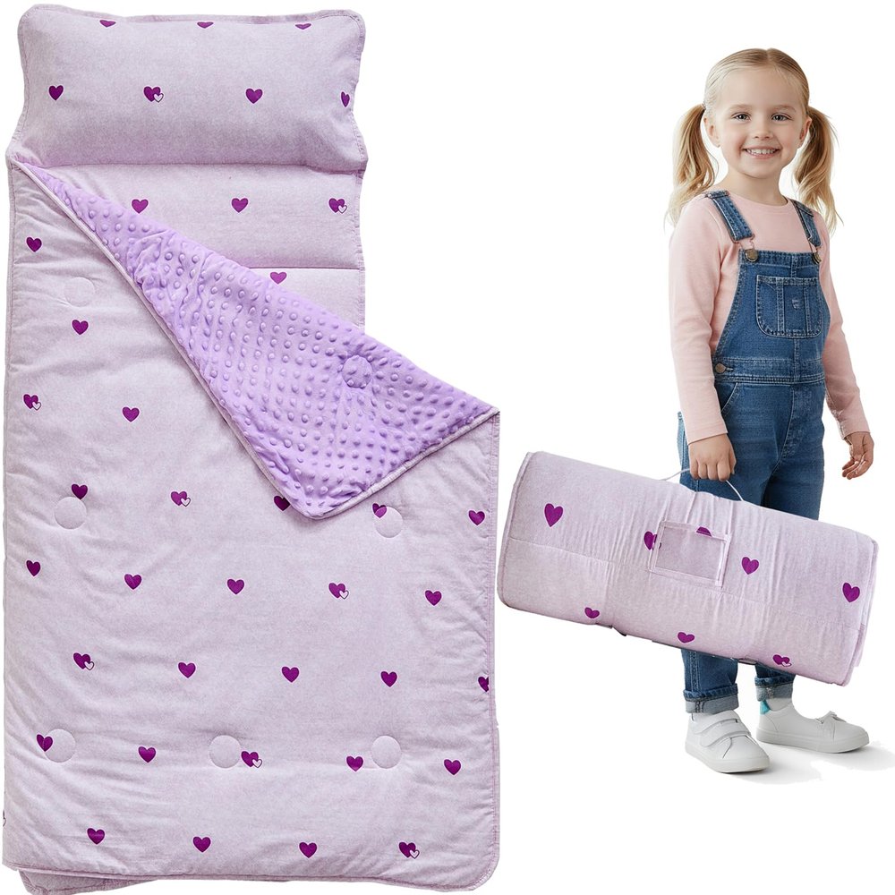 Toddler Nap Mat with Pillow and Blanket,Purple Heart Slumber Bags for Girls,Ultra Soft Kids Sleeping Bags with Roll Up Design,Perfect for Preschool,Daycare,Kindergarten-Purple