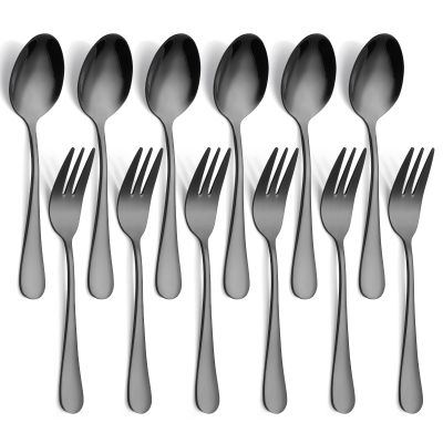 12 PCS Fork and Spoon, Black Silverware Set, Food Grade Stainless Steel Flatware Cutlery Set 6 Forks (5.35 inch), 6 Spoons(5.25 inch) for Home, Outdoor, Restaurant, Dishwasher Safe