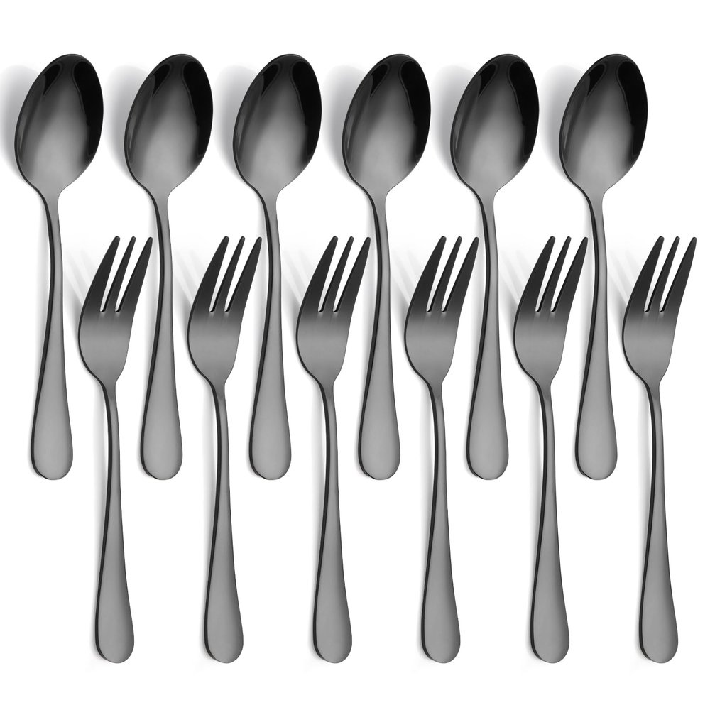 12 PCS Fork and Spoon, Black Silverware Set, Food Grade Stainless Steel Flatware Cutlery Set 6 Forks (5.35 inch), 6 Spoons(5.25 inch) for Home, Outdoor, Restaurant, Dishwasher Safe
