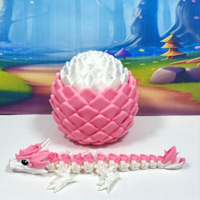 3D Printed Baby Dragon with Egg, 6" White and Pink Rose Baby Dragon, Articulated Fidget ADHD Autism Toy BD007WP-ROS-PWE