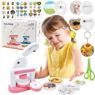 BAORUYAO 3in1 Badge Maker Machine for Kids,Capable of Making Fridge Magnets Keychains Brooches Badges with Picture Cutters and Children's Scissors.86pcs Set of DIY Arts & Crafts Gifts for Kids(Pink)