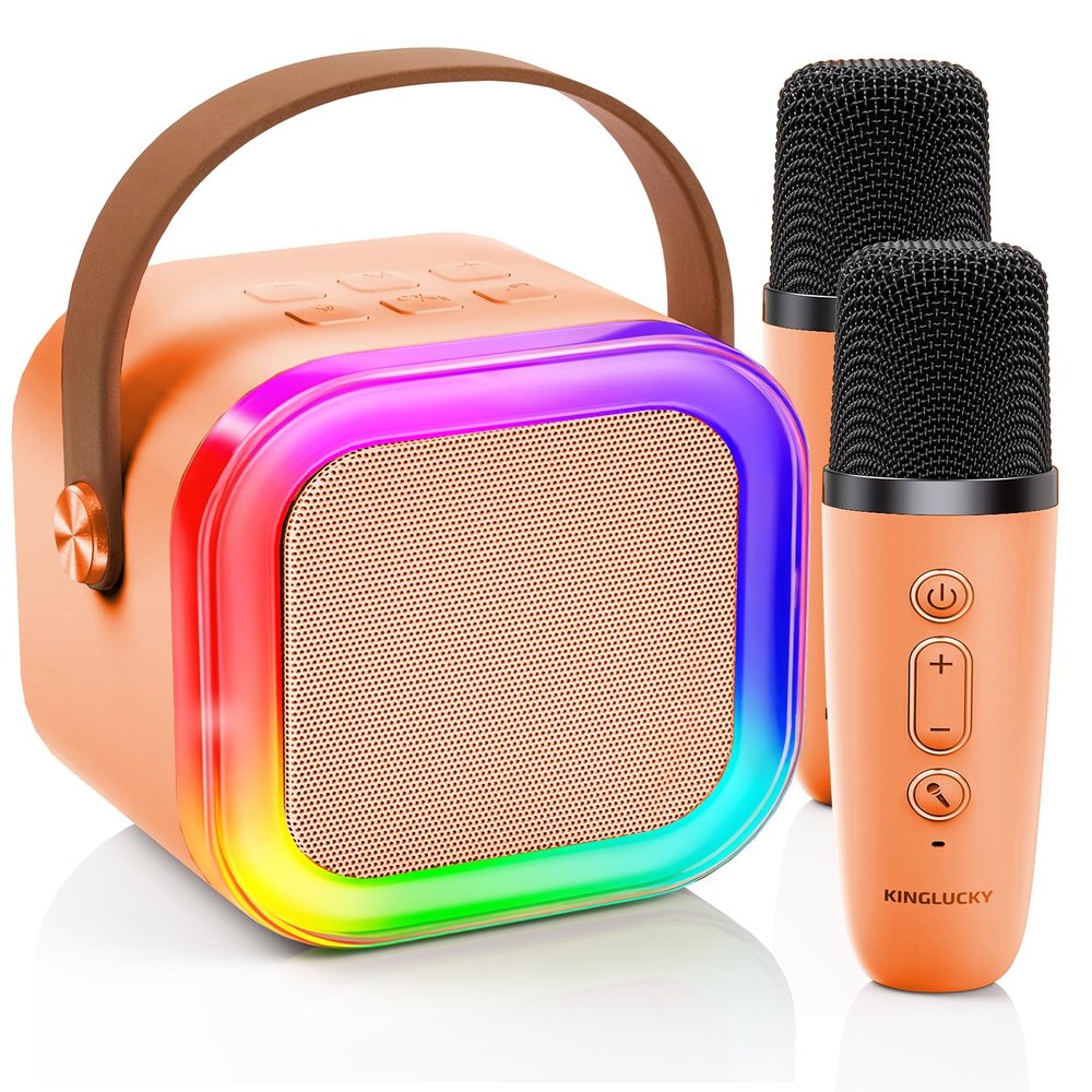 Kinglucky Mini Karaoke Machine for Kids, 2025 TOP Birthday Gifts Ideas for 3-12 Year Old Girls, Christmas Party Gifts Kids' Personal Video Players Accessories with 2 Wireless Microphones - Orange
