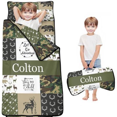 Personalized Woodland Deer Nap Mat Set with Name, Bear Sleeping Bags for Boys, Customized Camouflage Toddler Bed Mattress for Kids, Slumber Bags for Preschool, Daycare or Kindergarten, Sleep Sack