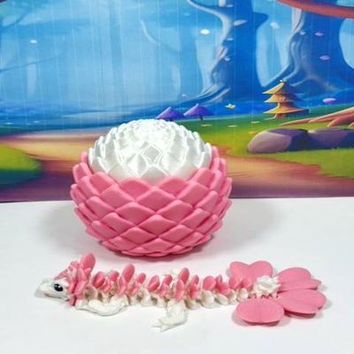 3D Printed Baby Dragon with Egg, 6" White and Pink Clover Baby Dragon, Fidget ADHD Autism Toy BD007WP-CLO-PWE
