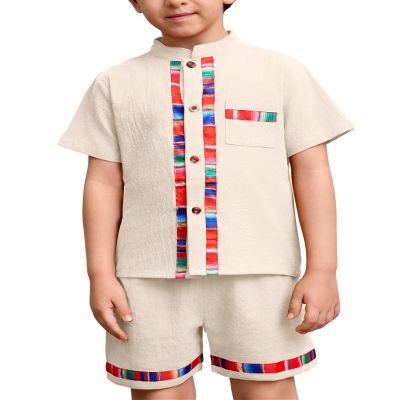 ABEWIP Baby Boys Mexican Outfits Embroidery Fiesta Traditional Guayabera for Toddler Button Up Shirt+Shorts 2Pcs Apricot 3-4 Years