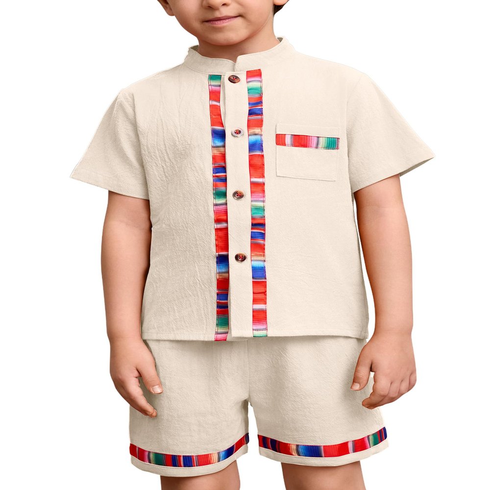 ABEWIP Baby Boys Mexican Outfits Embroidery Fiesta Traditional Guayabera for Toddler Button Up Shirt+Shorts 2Pcs Apricot 3-4 Years
