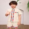 ABEWIP Baby Boys Mexican Outfits Embroidery Fiesta Traditional Guayabera for Toddler Button Up Shirt+Shorts 2Pcs Apricot 3-4 Years view 3