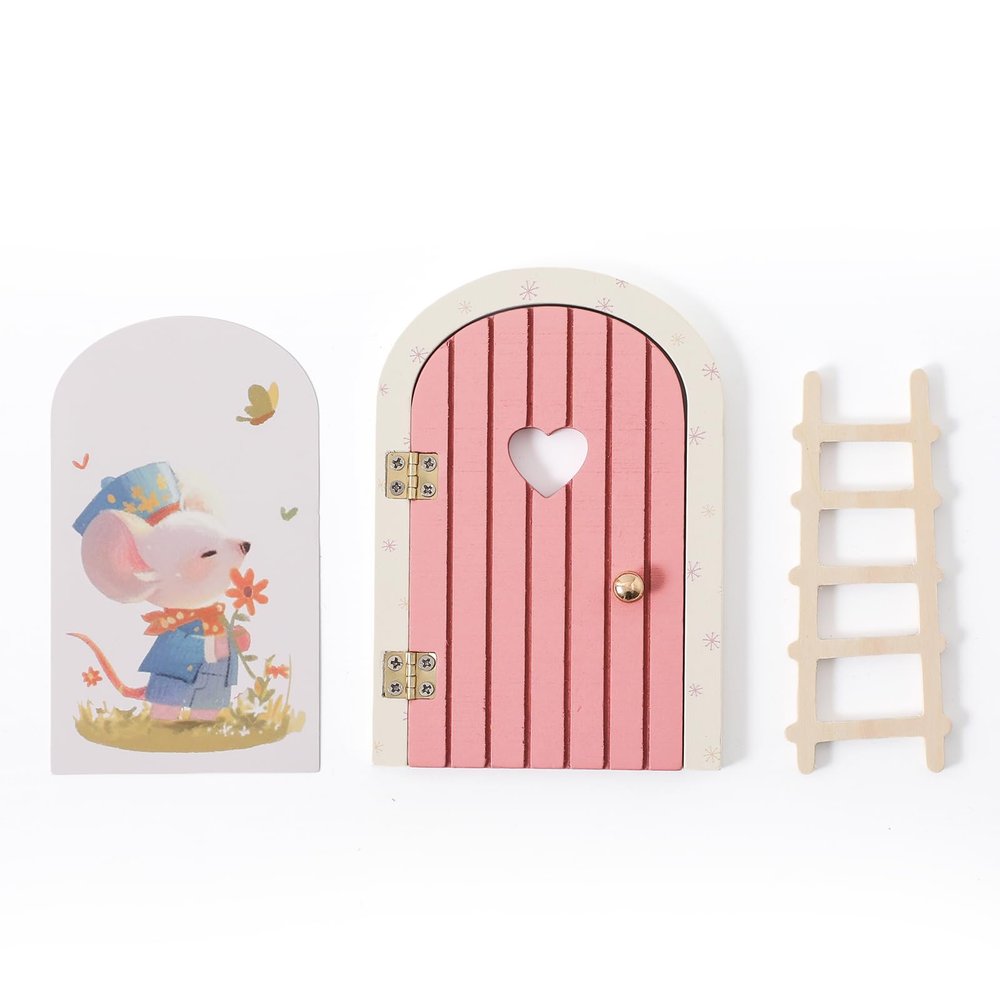 Christmas Mamimami Home Pink Wooden Magical Fairy Doors, 13cm 5.12 inch Elf Mouse Miniature Tiny Door Desk Fairy with Ladder, Tooth Fairy Door Handmade Decorations Gifts