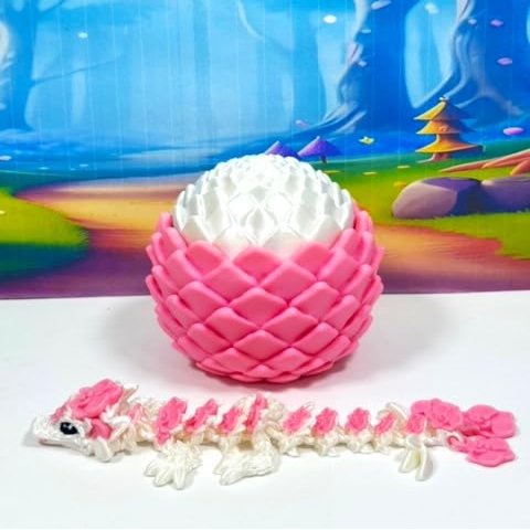 3D Printed Baby Dragon with Egg, 6" White and Pink Orchid Baby Dragon, Articulated Fidget ADHD Autism Toy BD007WP-ORC-PWE