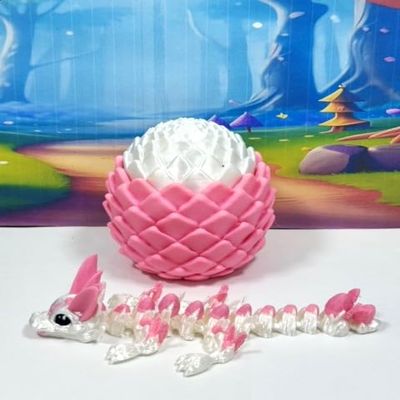 3D Printed Baby Dragon with Egg, 6" White and Pink Easter Baby Dragon, Articulated Fidget ADHD Autism Toy BD007WP-EAS-PWE