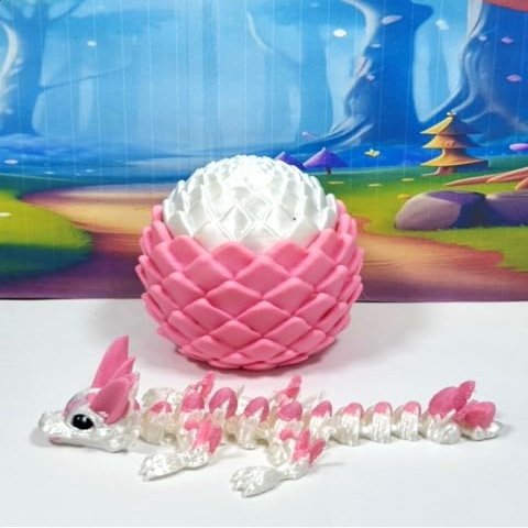 3D Printed Baby Dragon with Egg, 6" White and Pink Easter Baby Dragon, Articulated Fidget ADHD Autism Toy BD007WP-EAS-PWE