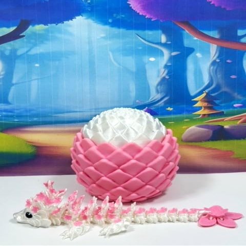 3D Printed Baby Dragon with Egg, 6" White and Pink Easter, Gemstone, Rose, Sushi, Woodland Baby Dragon, Fidget ADHD Autism Toy BD007WP-PWE (Cherry Blossom Dragon)