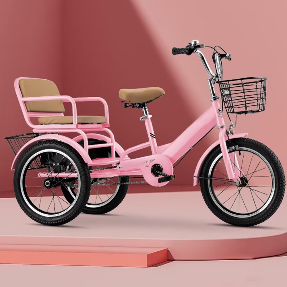 3 Wheels Bicycle,Rickshaw Tricycle with Pedals,Tandem Trike with Back seat,seat with Belt and armrest,Front and Rear Wheel Brakes,Outdoor Cruiser Bike,Pneumatic tire Spoke Wheels